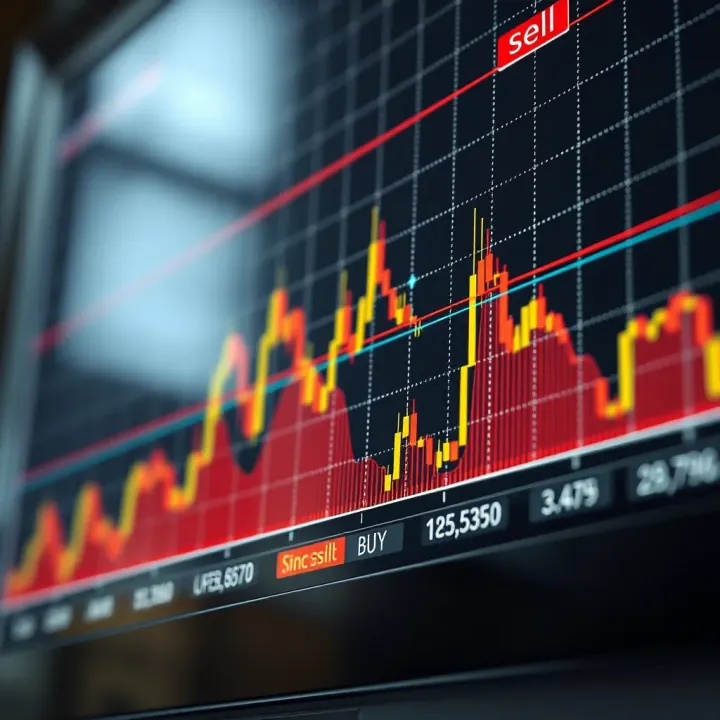 Graph displaying currency exchange rate fluctuations with highlighted buy and sell points
