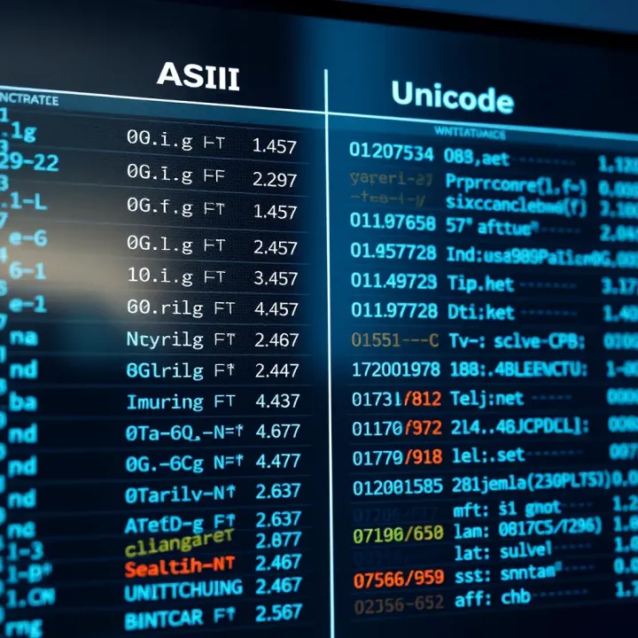 Comparison chart showing ASCII and Unicode encoding standards with sample characters