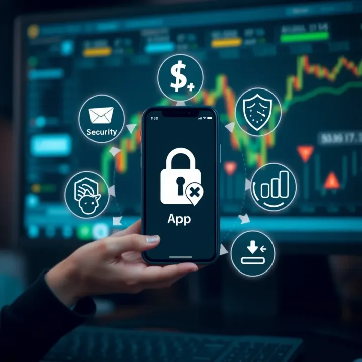 Visual representation of key features in trading apps including security, asset variety, and ease of use