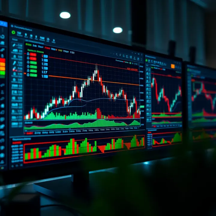 Illustration of a computer screen displaying binary trading charts and data for South African market analysis