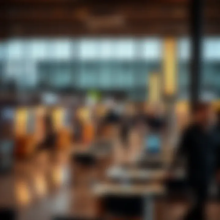 Retail shops and dining area inside the airport bustling with activity