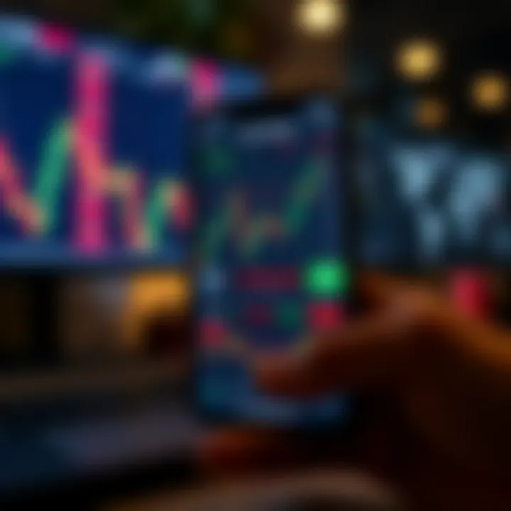 Mobile phone displaying forex trading charts and currency exchange rates