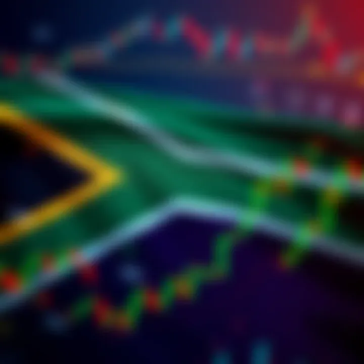 Illustration of South African flag combined with forex trading symbols and financial graphs