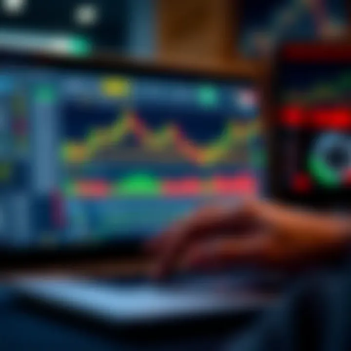 User interacting with a forex trading platform on a laptop showing currency charts and market trends