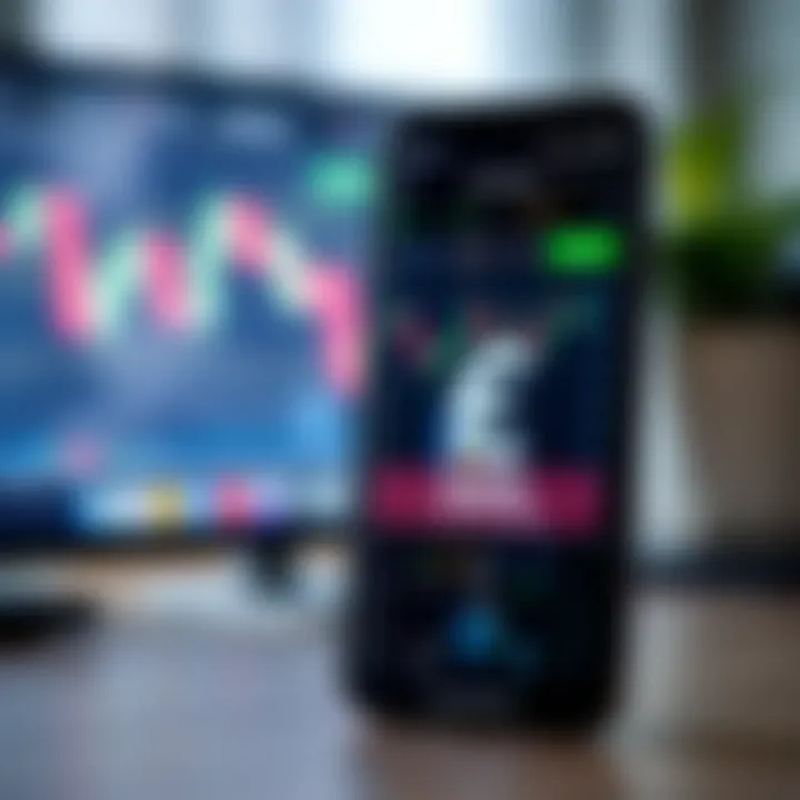 Mobile phone displaying a trading app interface with charts and South African Rand currency symbol