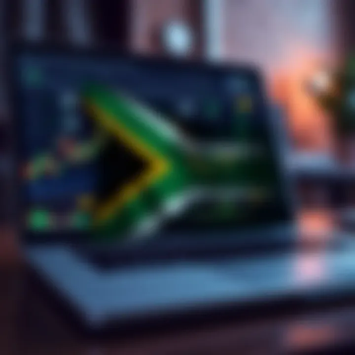 South African flag overlaying a forex trading platform with charts and graphs on a laptop screen
