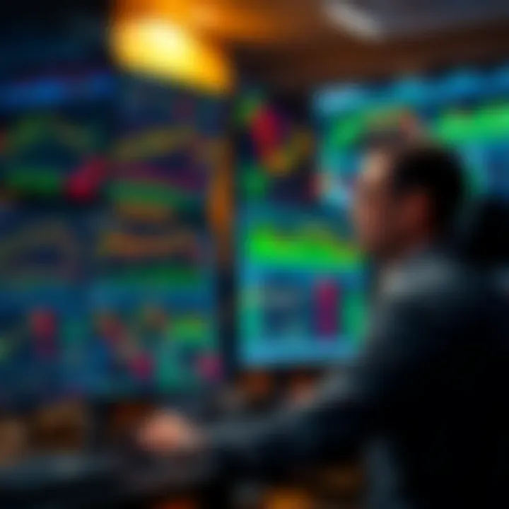 Trader analyzing multiple monitors featuring currency exchange rates and technical indicators