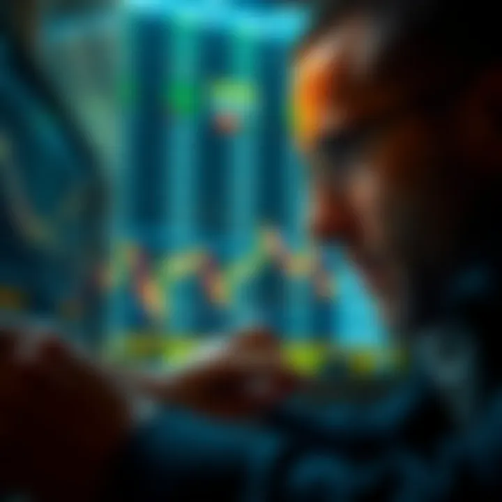 Close-up of a character analyzing complex currency market data with intense focus, reflecting the challenges of forex trading