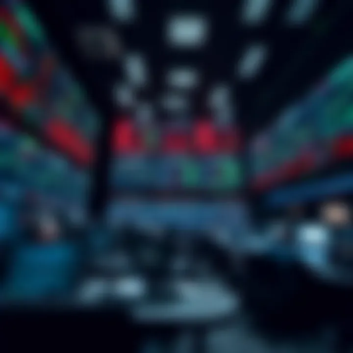 Scene from a movie portraying a dynamic forex trading floor with multiple screens displaying currency charts and graphs