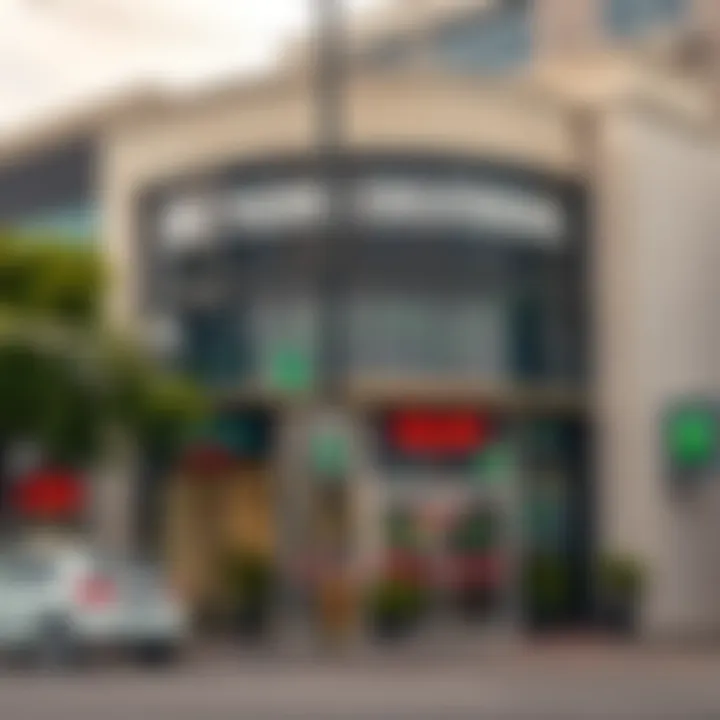 Modern forex trading school building exterior in Johannesburg with financial charts