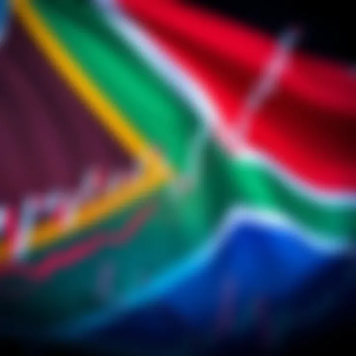 Forex trading chart with upward trends and South African flag in background