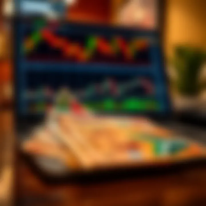 Illustration of a laptop displaying forex market charts alongside South African currency notes