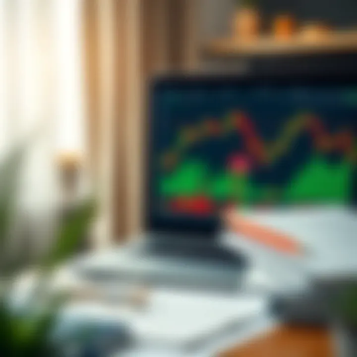 Chart displaying forex market trends with educational materials and a laptop