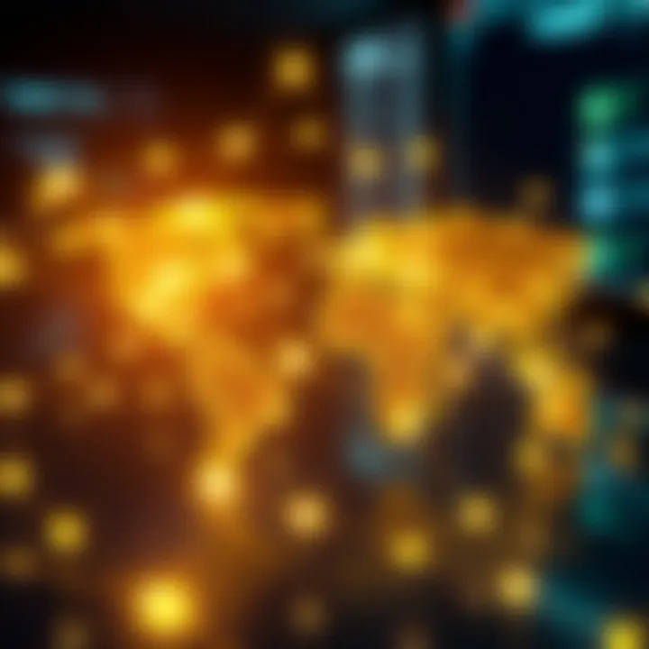 Digital representation of currency symbols connected by glowing lines illustrating global forex network