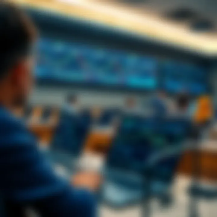 A classroom setting with students learning forex trading concepts on laptops with charts displayed on screens.