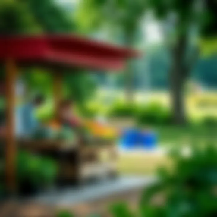 Fresh fruit and vegetable stand in a community park surrounded by greenery