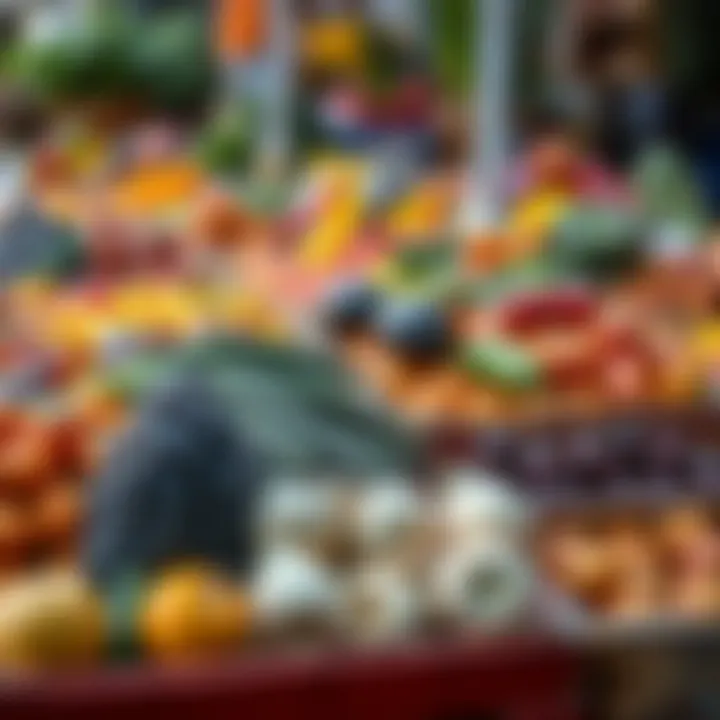 Colorful assortment of fruits and vegetables arranged neatly on wooden crates during market hours