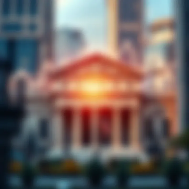 Illustration of central bank building with currency symbols and global geopolitical icons