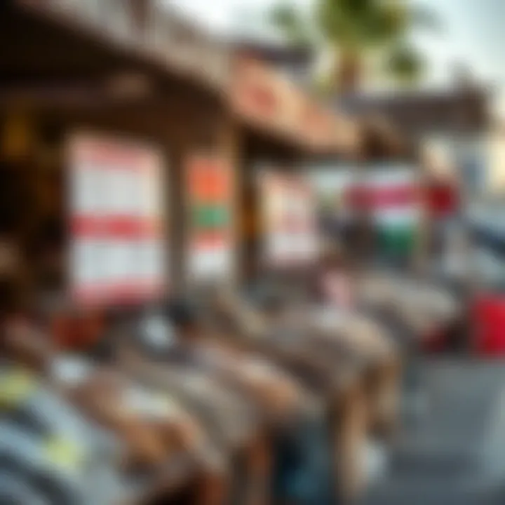 Outdoor market scene showing various game products with informational signs about local regulations