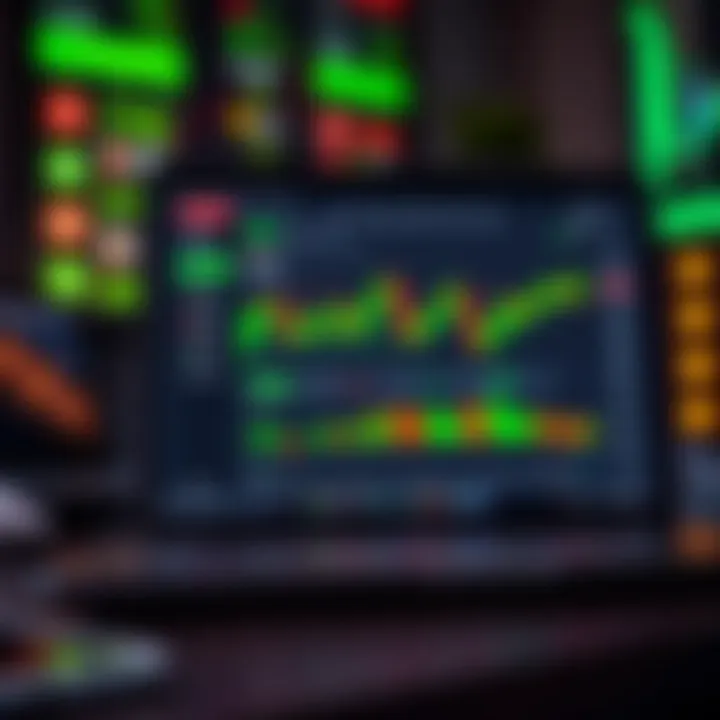 Close-up of a laptop screen displaying a forex demo account dashboard with trading tools and indicators