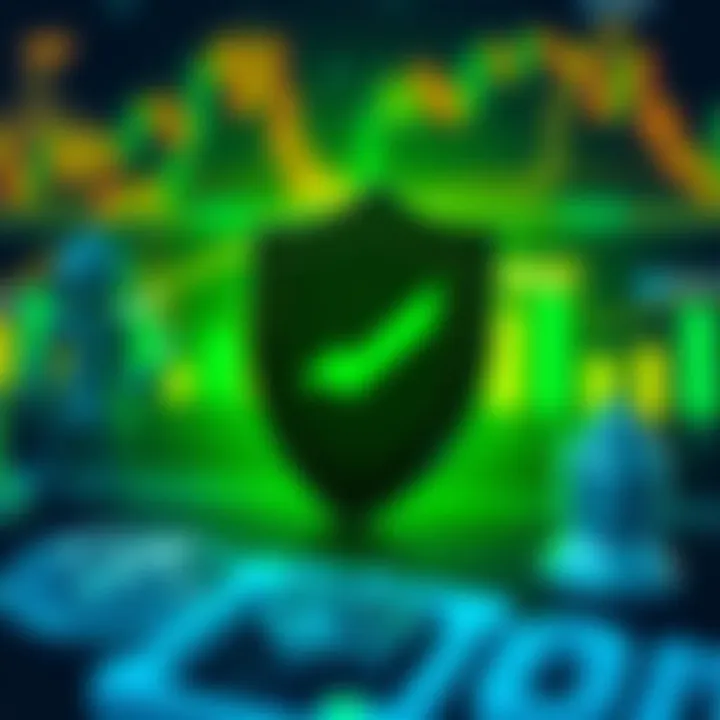 Investment Protection and Scam Prevention in Binary Options Conceptual graphic showing protection shield over financial investment symbols representing safe trading and scam prevention