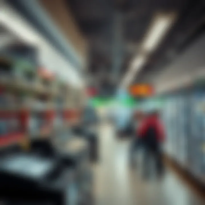 An interior of a game retail shop showing shelves stocked with video games and customers browsing during business hours