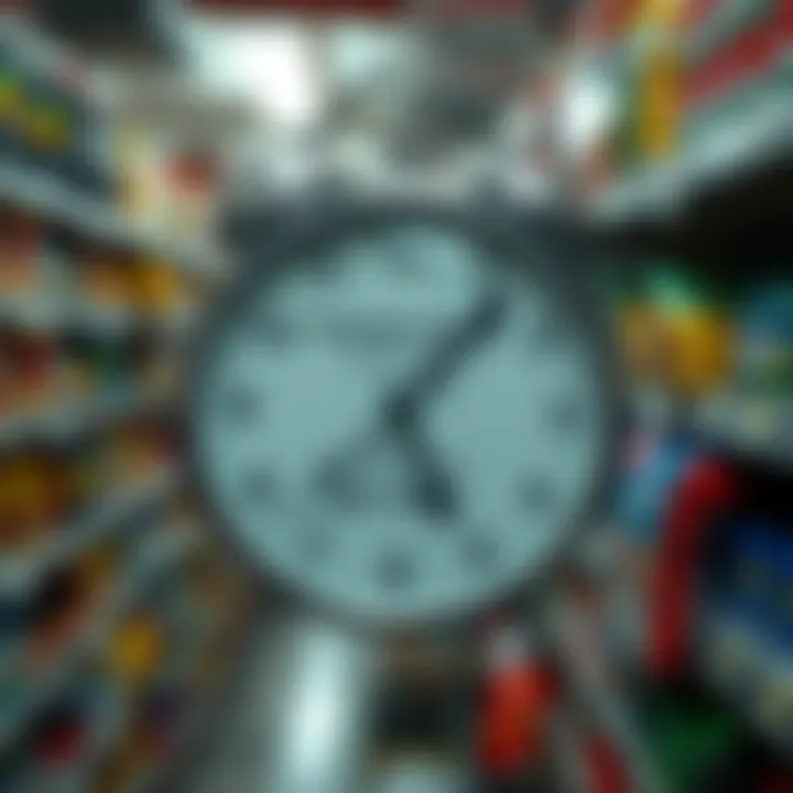 Clock showing typical opening and closing times over a backdrop of a local general store aisle