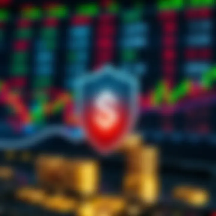 Graphic showing a shield symbol protecting currency symbols with a backdrop of forex market data and fake broker icons