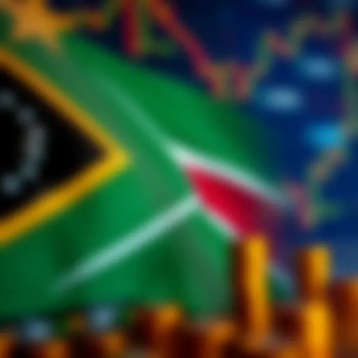 Illustration of South African flag with currency symbols and regulatory icons