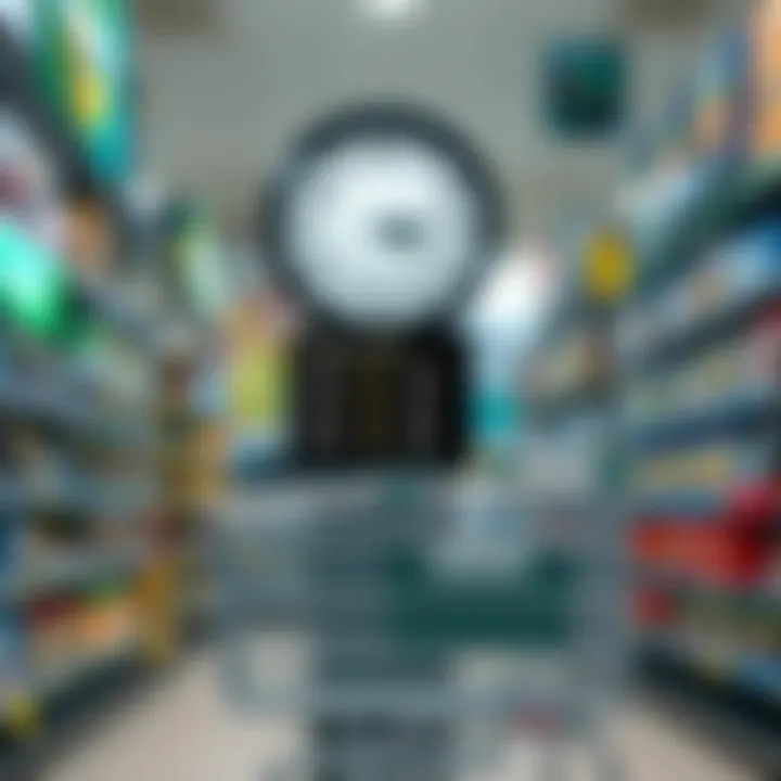 Clock showing typical trading hours with a shopping cart in front of Game store shelves