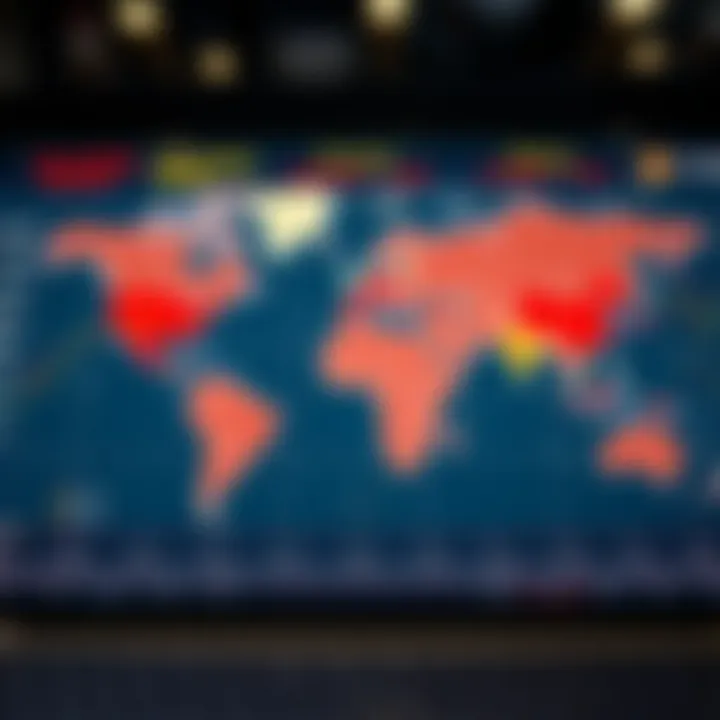 World map highlighting major forex trading sessions with different time zones indicated