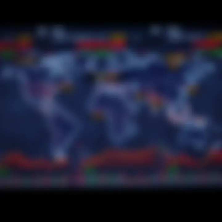 Global forex trading sessions highlighted on a world map showing their active periods and time zones