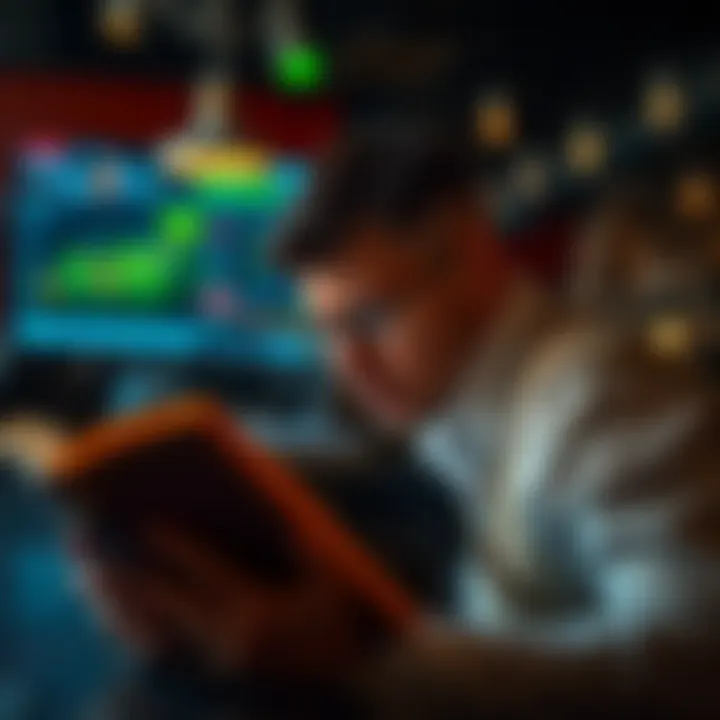 Person analyzing multiple trading books and digital resources to improve trading skills