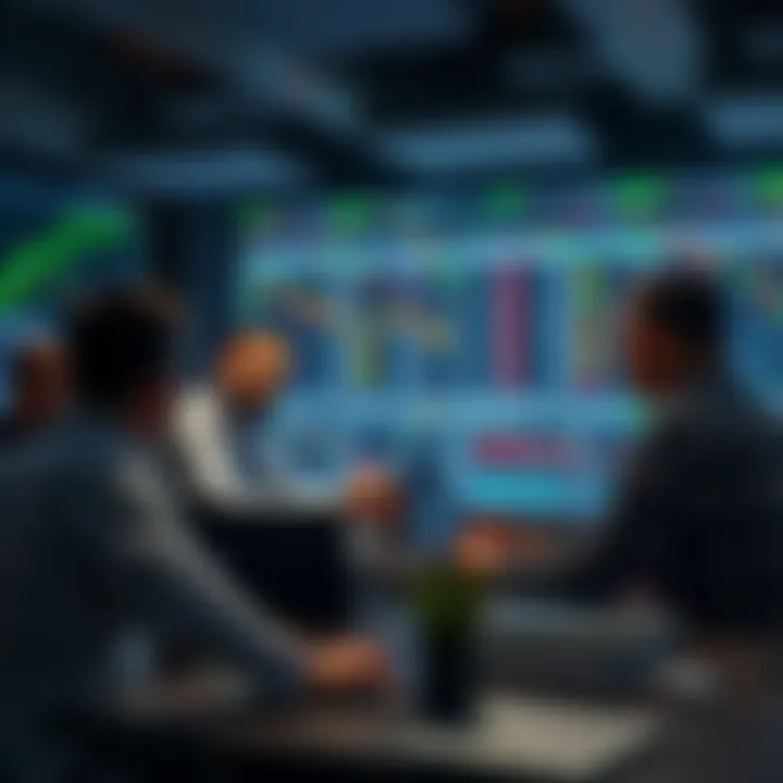 Group discussion in a local forex trading workshop with charts and laptops