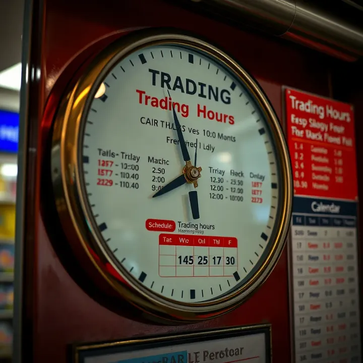 Clock showing typical trading hours with a calendar highlighting weekend and public holiday adjustments