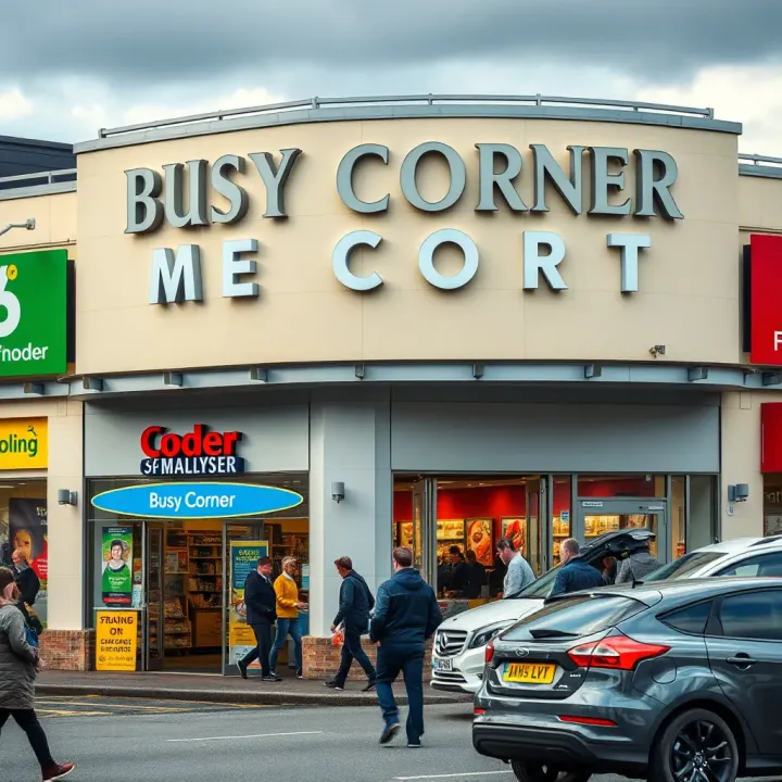 Exterior view of Busy Corner shopping area in Athlone with various stores and shoppers