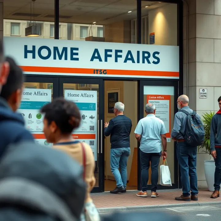 Visitor queue outside Home Affairs office with clear signage and documents