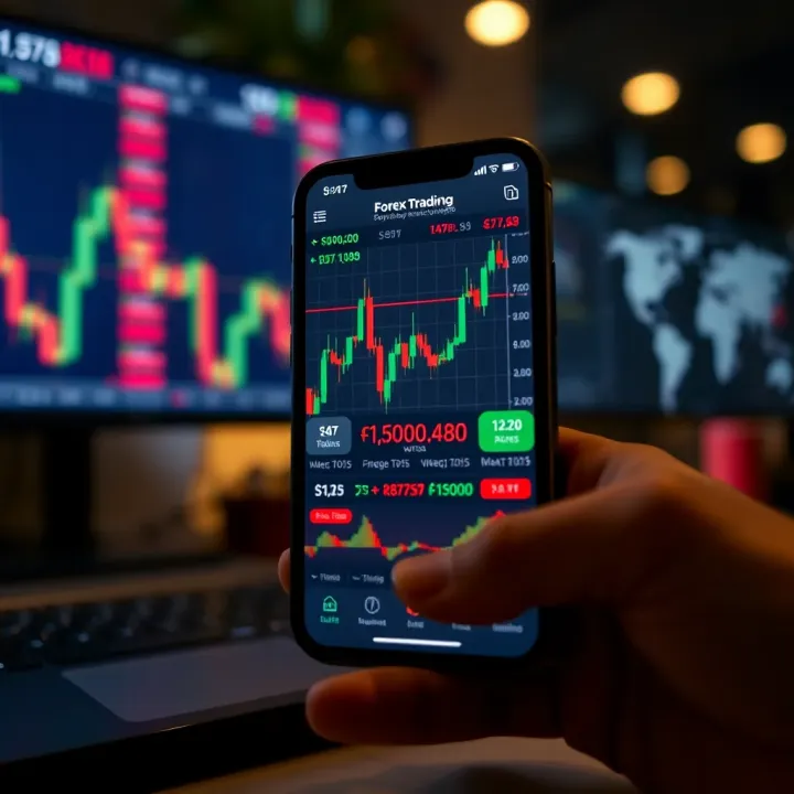 Mobile phone displaying forex trading charts and currency exchange rates