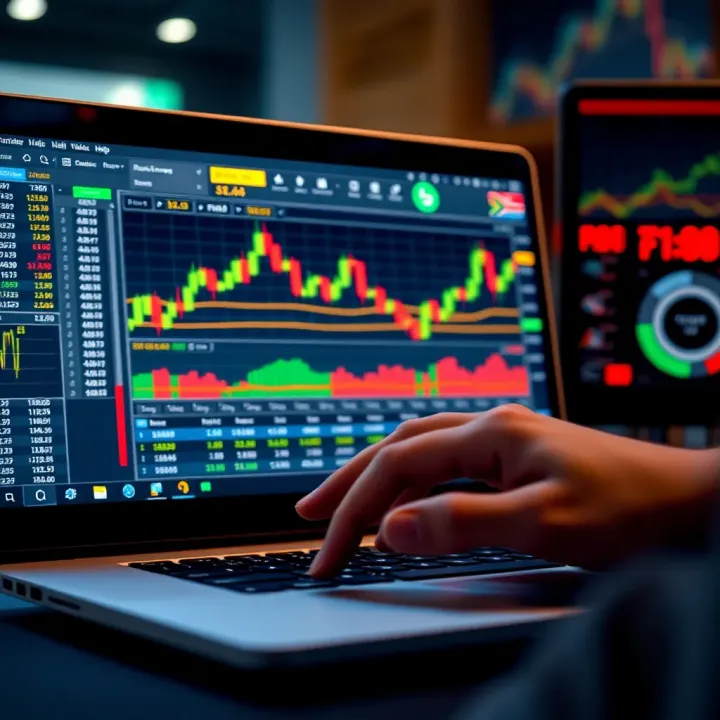 User interacting with a forex trading platform on a laptop showing currency charts and market trends