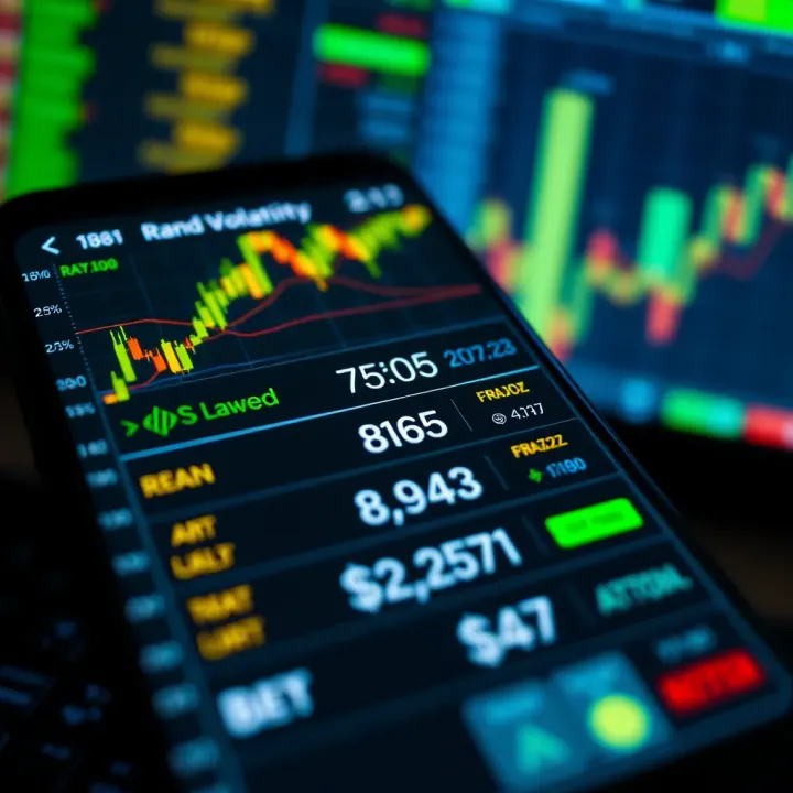 Illustration of a mobile device displaying currency exchange rates highlighting South African Rand volatility