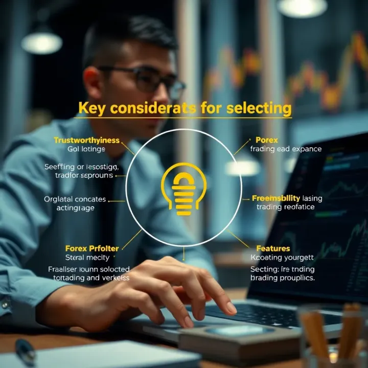 Key Considerations for Selecting a Forex Broker Graphic depicting factors to consider when selecting a forex broker including trustworthiness and platform features