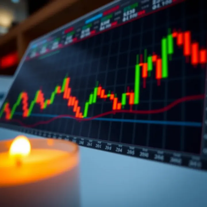 Illustration of candlestick formations with annotations showing potential market entry and exit points