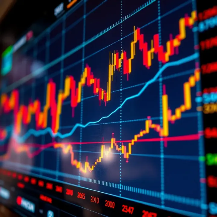 Graph showing currency exchange rate fluctuations with technical indicators