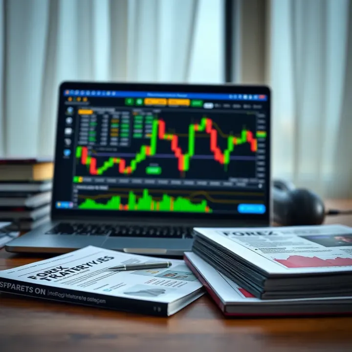 Open laptop displaying forex trading platform alongside printed strategy guides