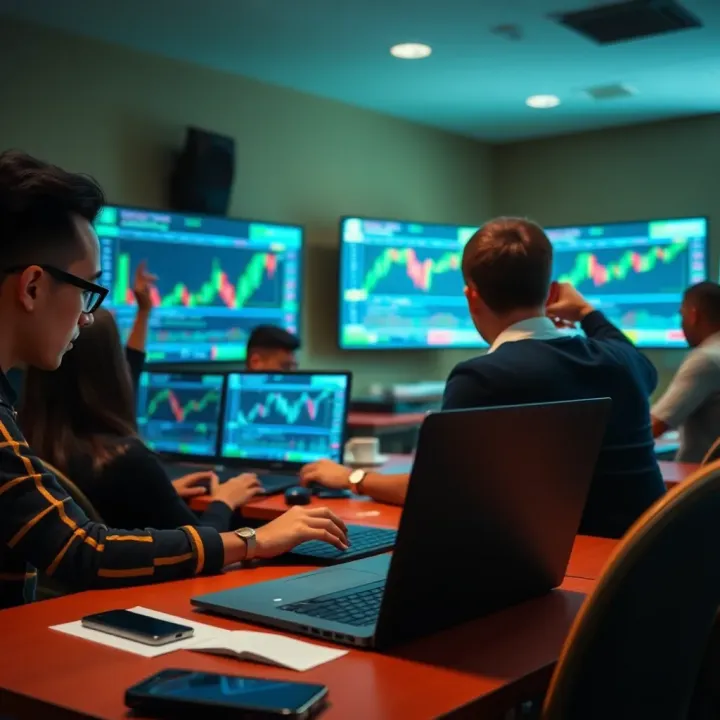 Classroom setting with learners engaging in forex training session using laptops and financial graphs