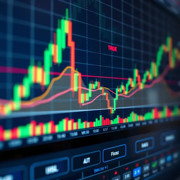 Graph showing currency pairs trading with candlestick patterns and trend lines on a digital forex platform