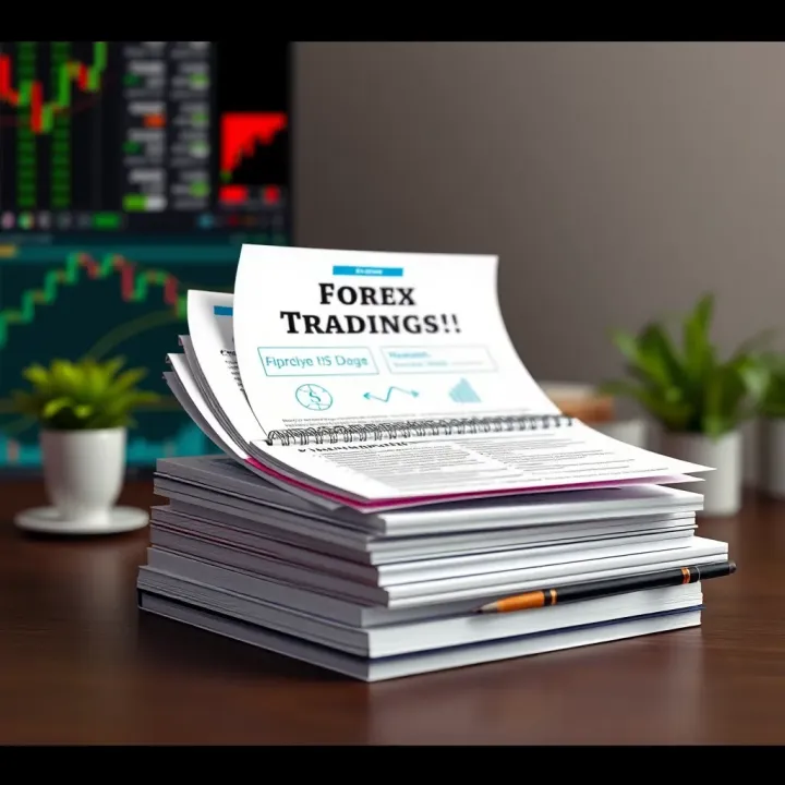 Stack of educational PDFs and digital devices with forex trading concepts and strategy outlines