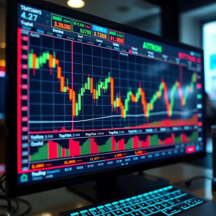 Illustration of a digital trading interface displaying live binary options signals with charts and indicators
