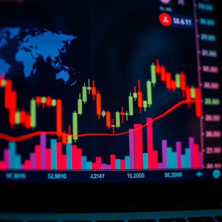 Graph illustrating short-term binary options trading with fluctuating candlestick patterns and key indicators