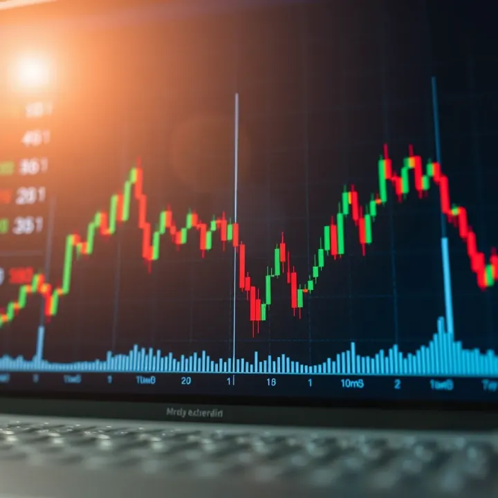 Graph showing upward and downward currency exchange trends with technical indicators